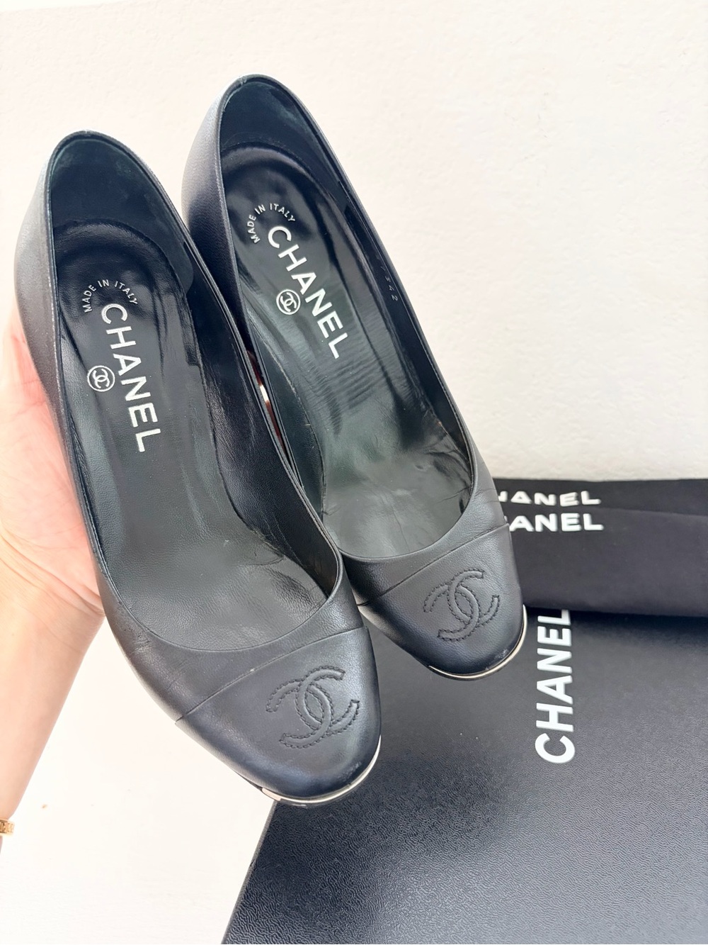 Auth CHANEL Round-Toe CC Metal Panel Black Leather Heels, Size 36C